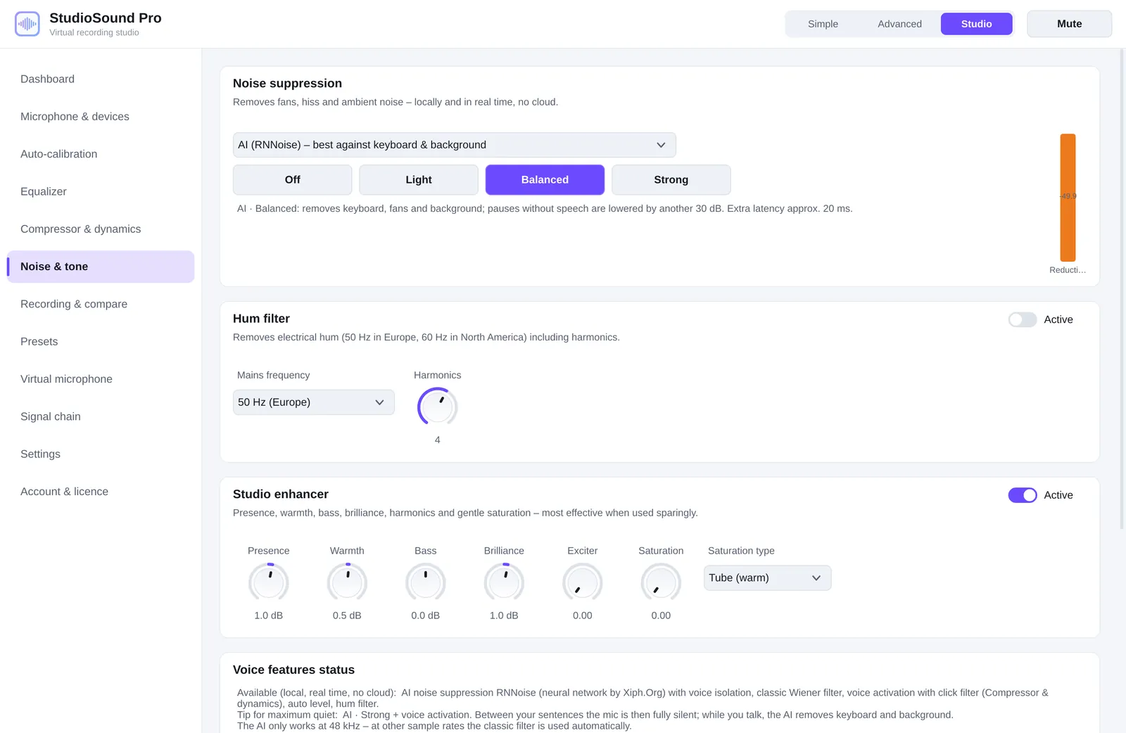 StudioSound Pro: AI noise suppression